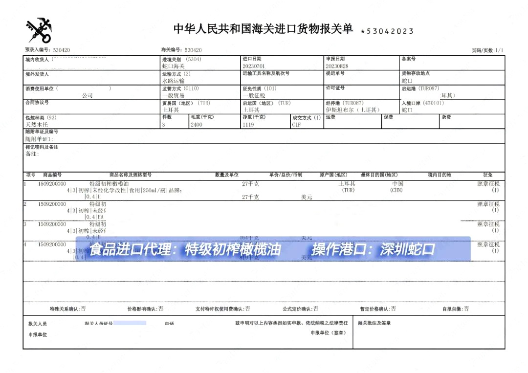 橄欖油進口清關案例